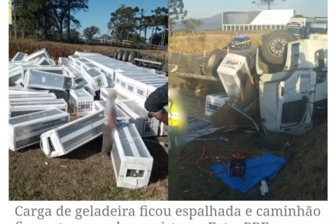 Motorista de 66 anos morre após caminhão carregado de geladeiras tombar na BR-376 no Paraná